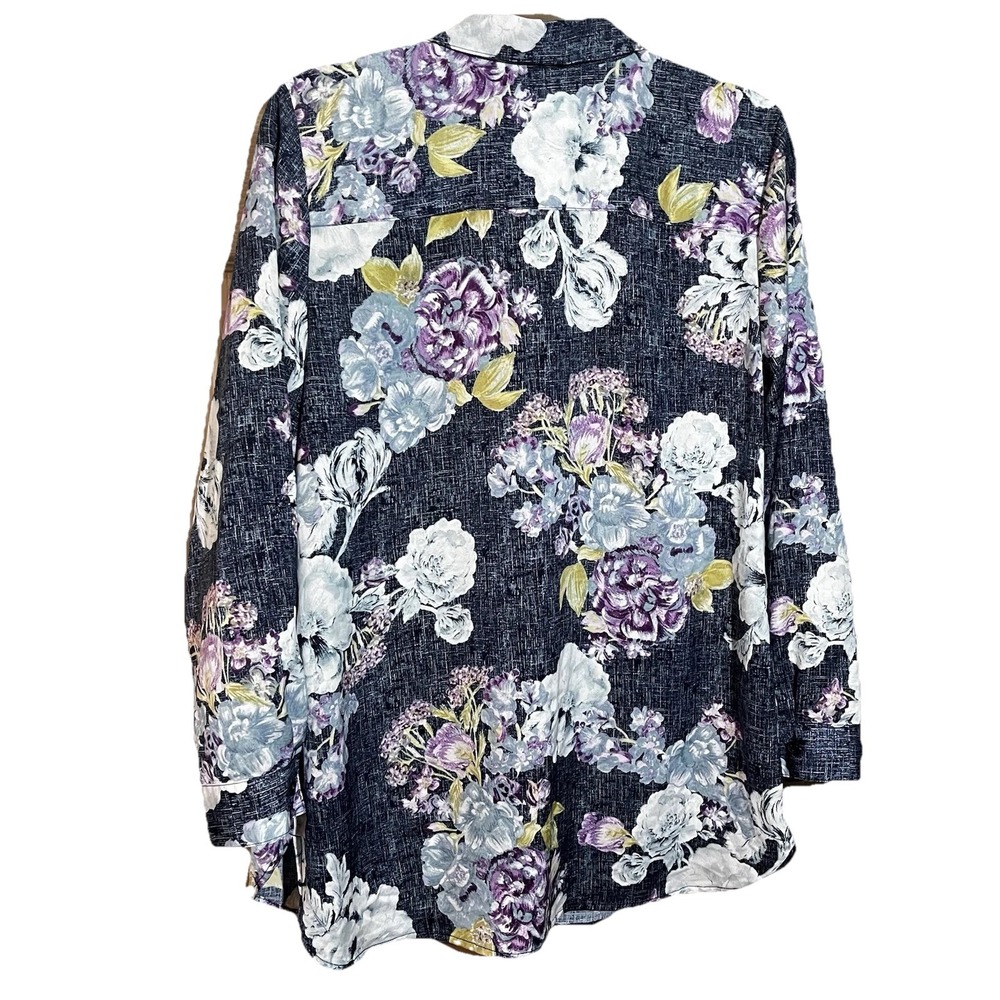 Chico's Floral Button Up Blouse Women's 1 Med Blue Long Sleeve Pastel Bloomcore - Picture 4 of 9